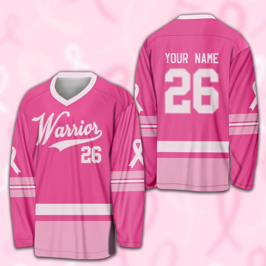 Personalized pink breast cancer awareness custom name hockey jersey, front view