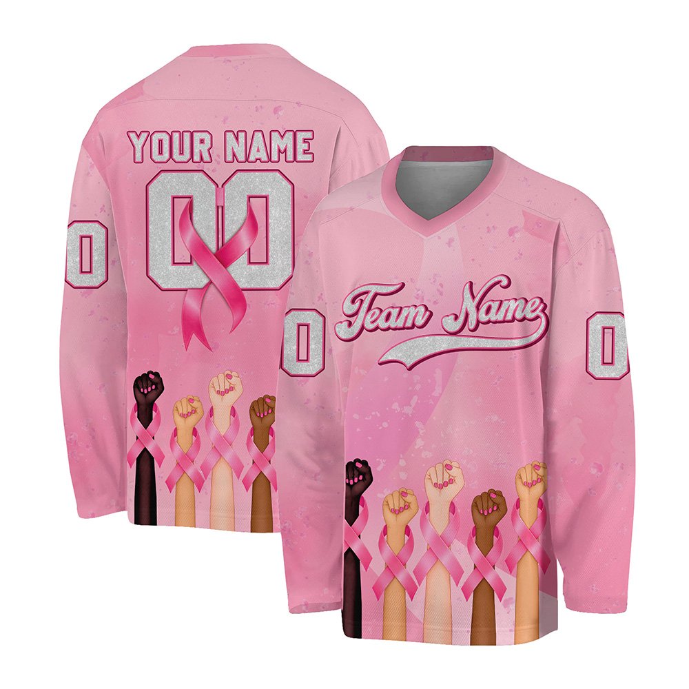 Pink breast hockey jersey with custom name and number, front view