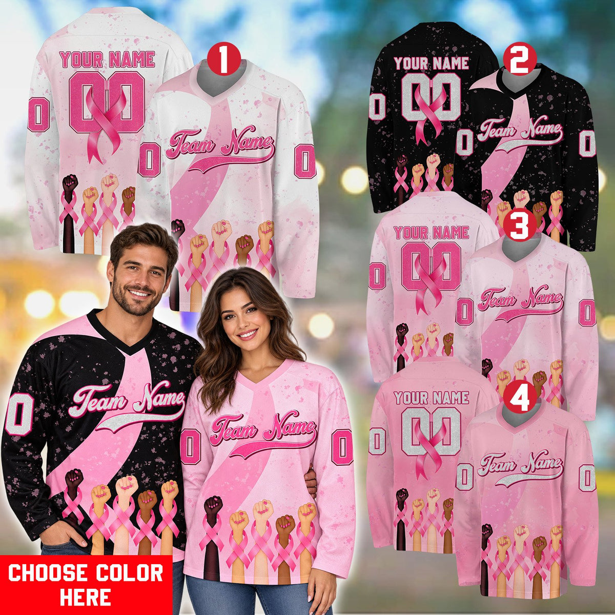 Lifestyle view showing the pink personalized hockey jersey outdoors