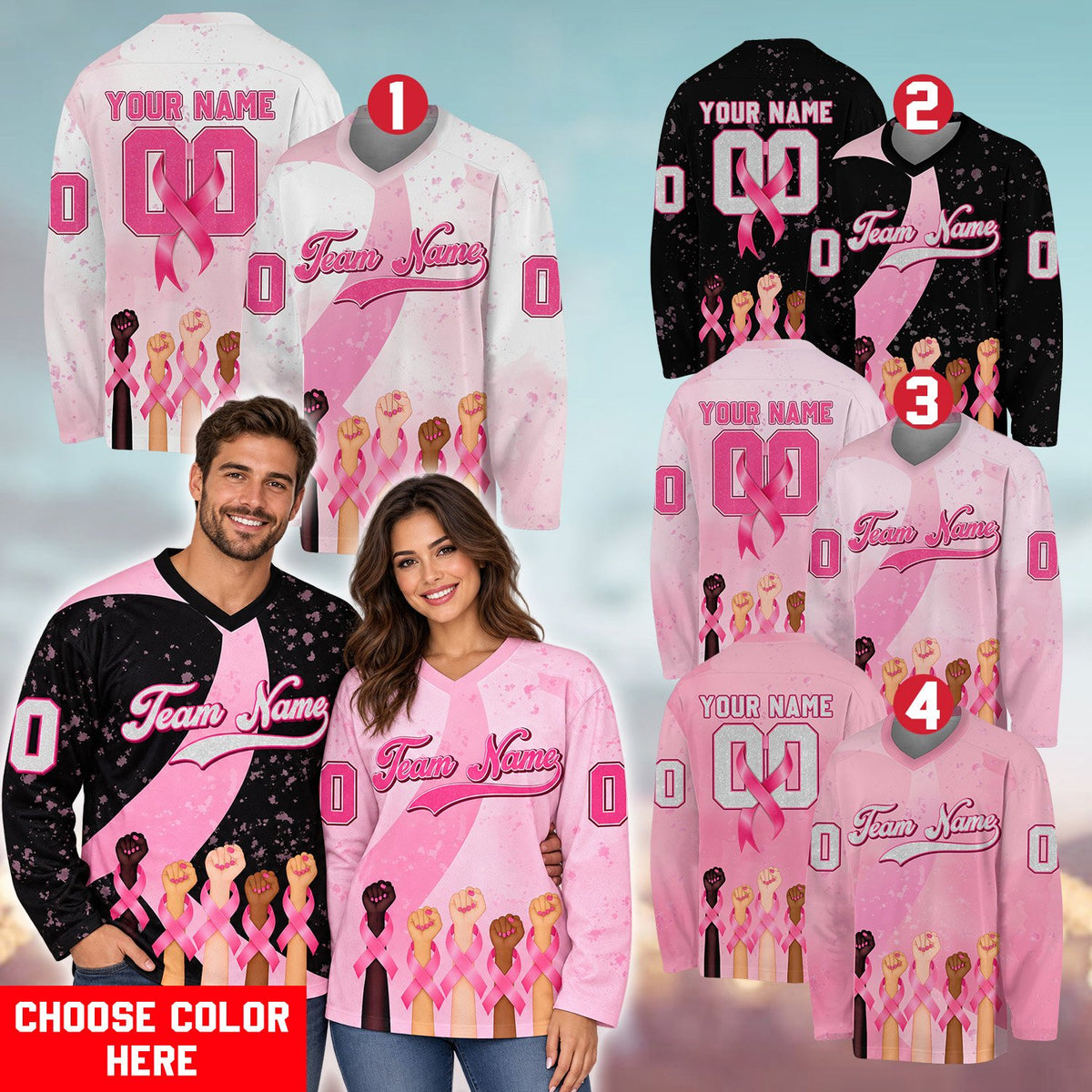 Close-up lifestyle view of the custom pink breast cancer hockey jersey