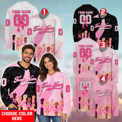 Close-up lifestyle view of the custom pink breast cancer hockey jersey