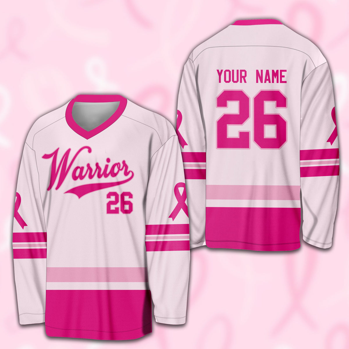 Personalized white breast cancer awareness custom name hockey jersey, front view