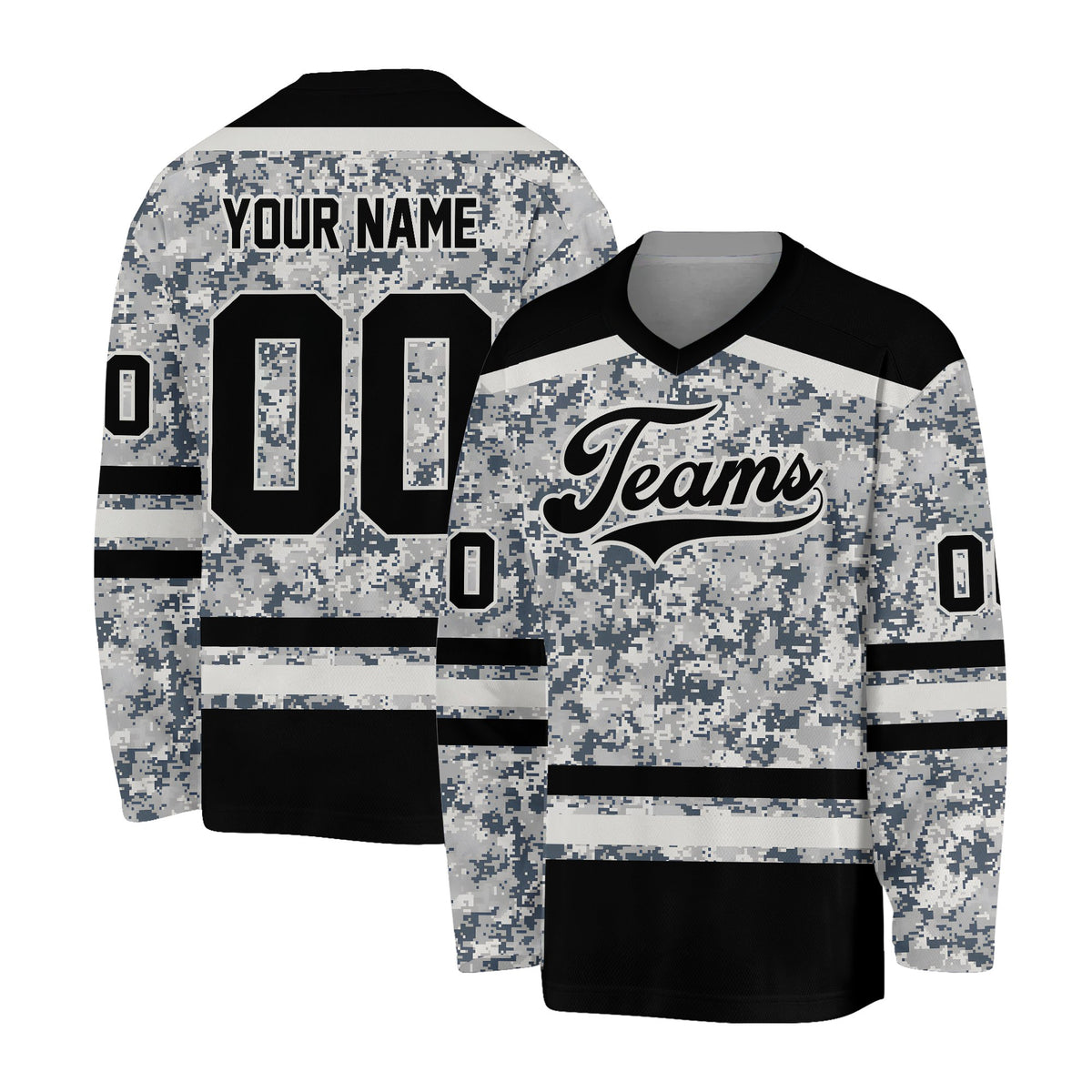 Front view of the customized camo hockey jersey