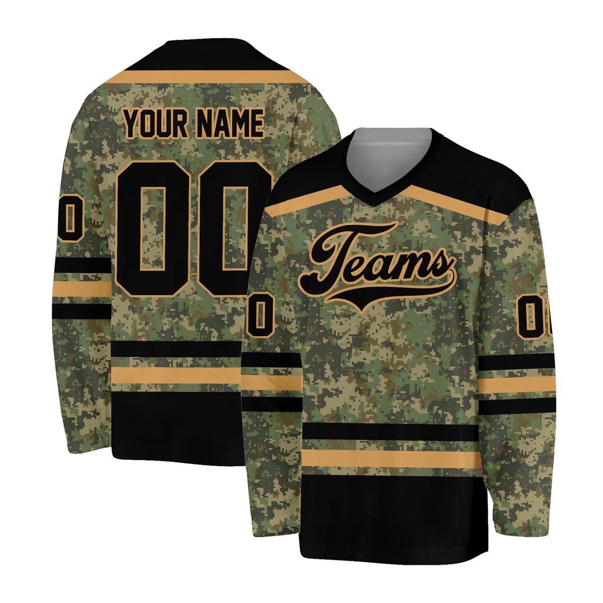Final front view of the customized camo hockey jersey