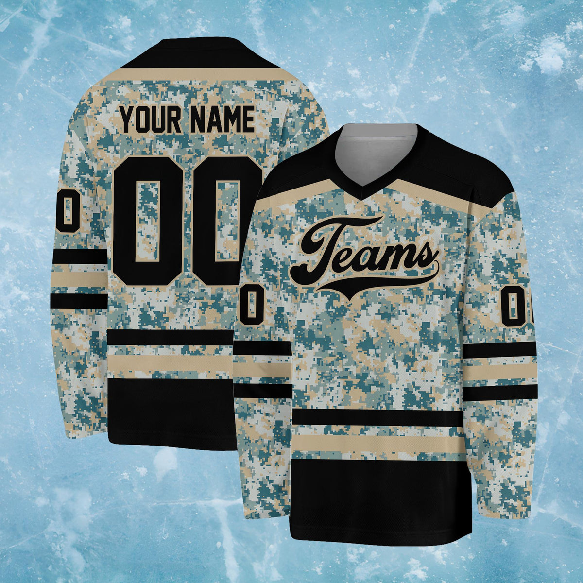 Main view of the multicolor camo hockey jersey featuring custom name and number