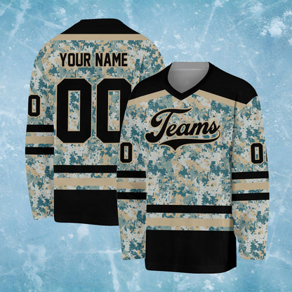 Main view of the multicolor camo hockey jersey featuring custom name and number