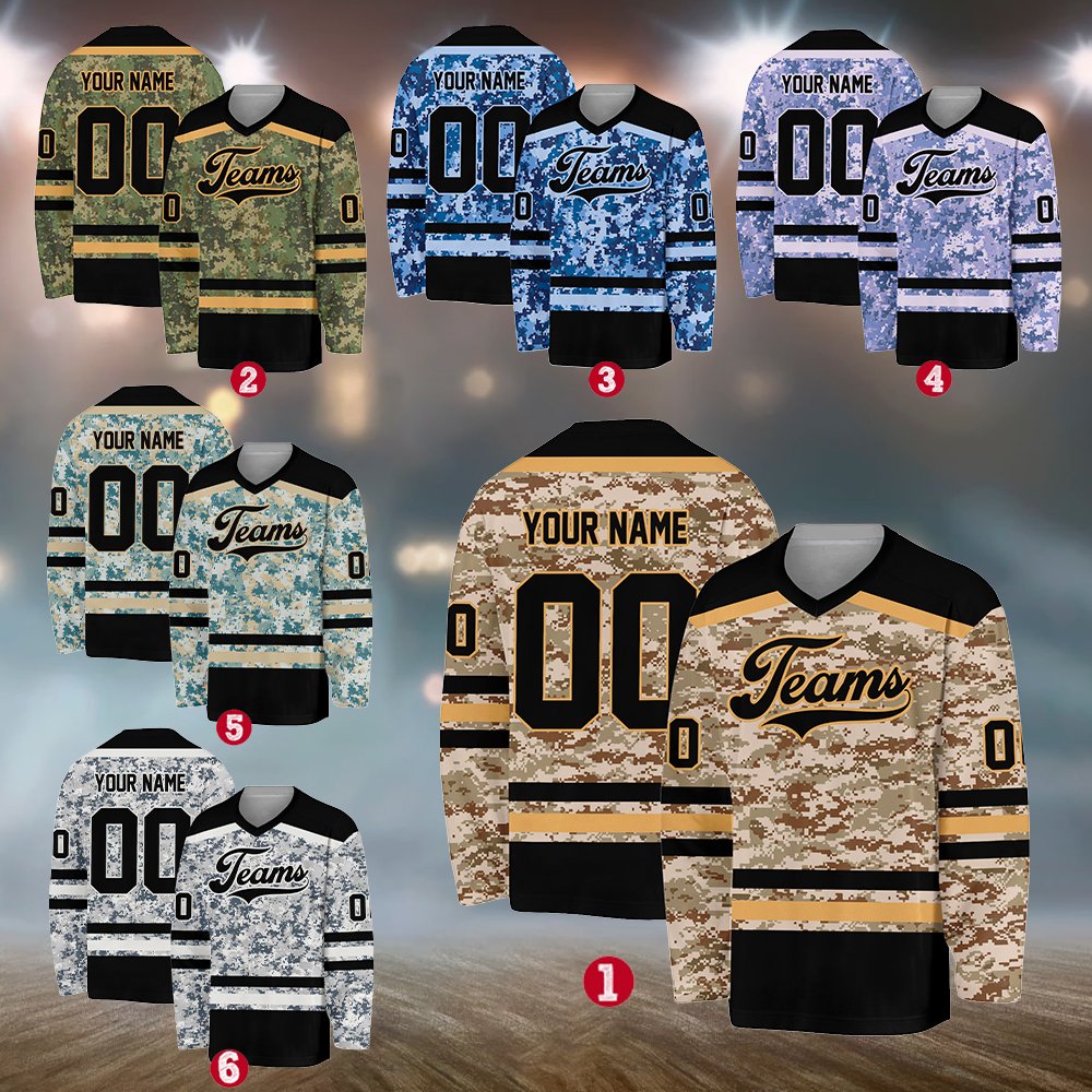Alternate front view of the camouflage hockey jersey