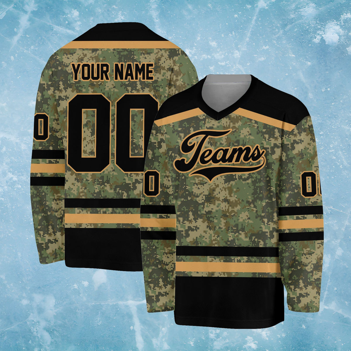 Front look of the custom green camo pattern hockey apparel