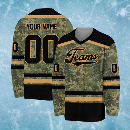 Front look of the custom green camo pattern hockey apparel