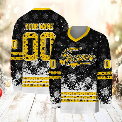 Black personalized hockey jersey with christmas pattern, front view