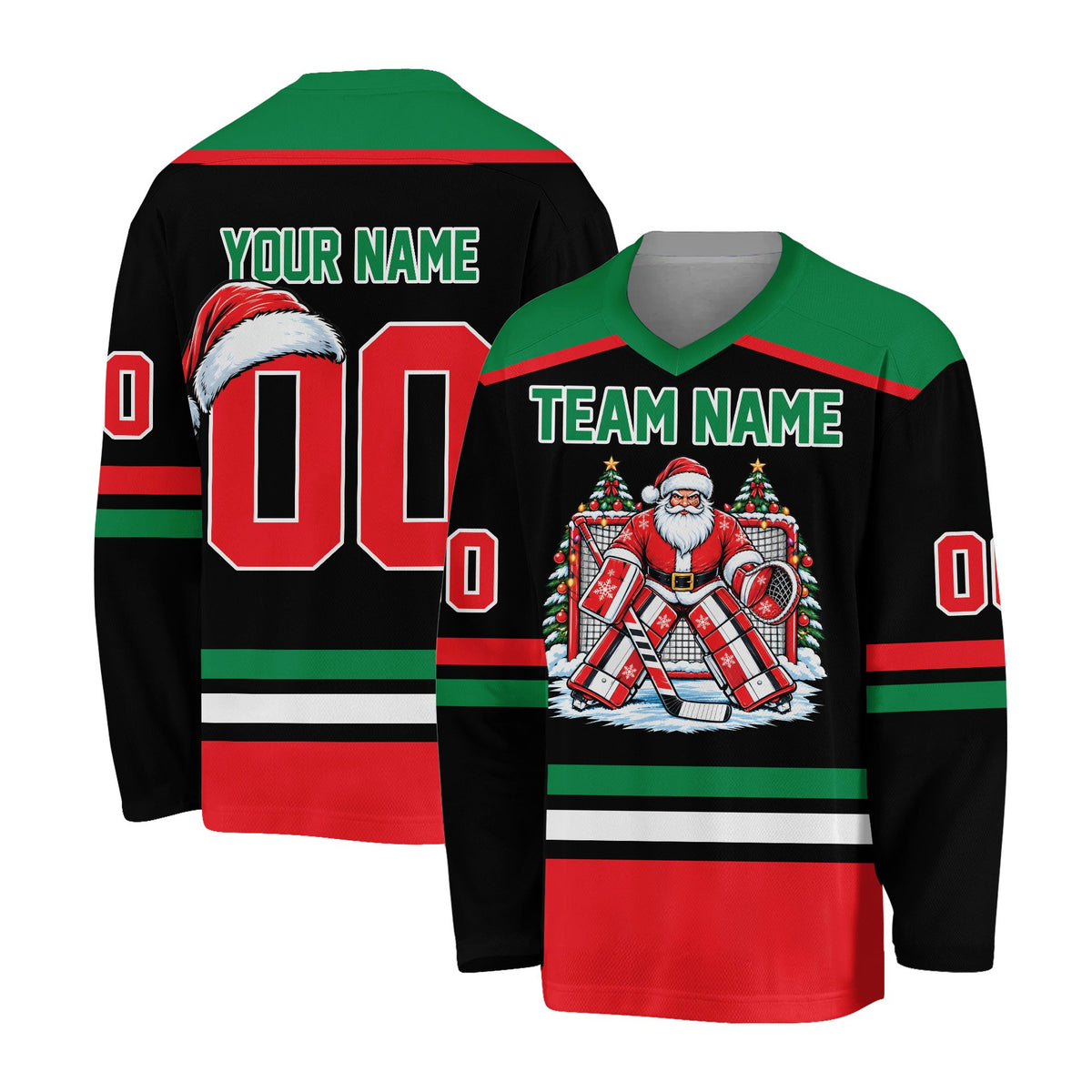 Black personalized hockey jersey with holiday stripes, front view
