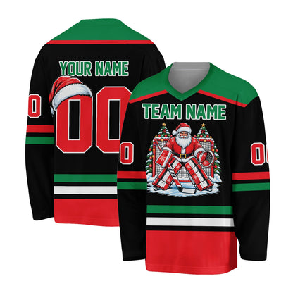 Black personalized hockey jersey with holiday stripes, front view