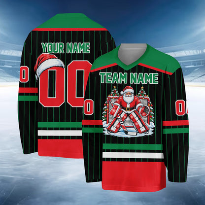 Black stripes hockey jersey with Christmas Santa goalie design and custom text, main view