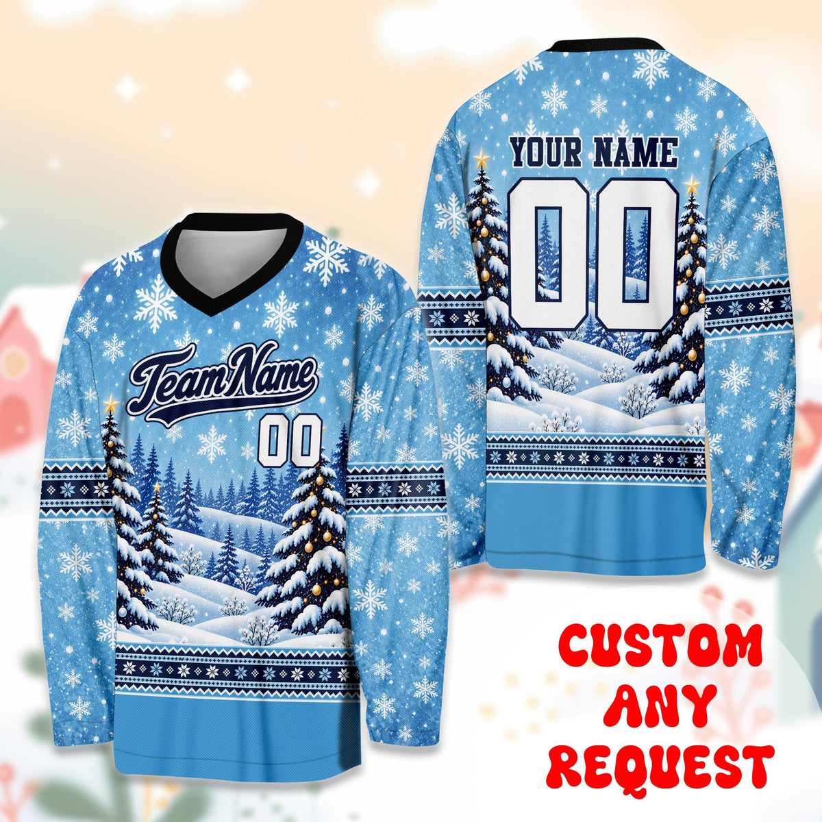 Front view of the blue christmas hockey jersey with light blue winter design and snowflakes