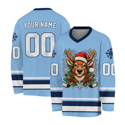 Blue christmas hockey jersey with holiday graphics, front view
