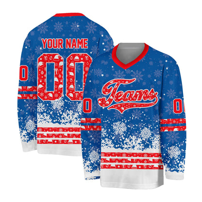 Blue winter themed holiday hockey jersey, front view