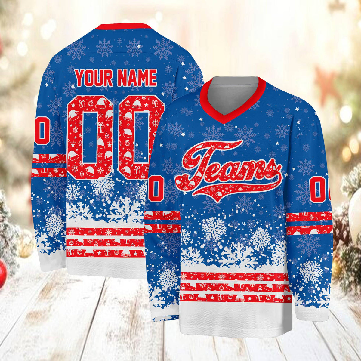 Personalized blue christmas hockey jersey with custom name and number, main view