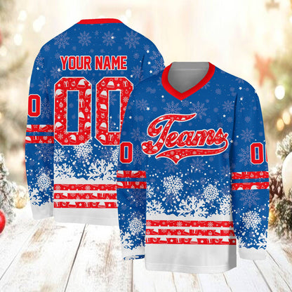 Personalized blue christmas hockey jersey with custom name and number, main view