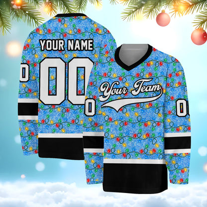 Blue personalized hockey jersey with Christmas lights design, front view
