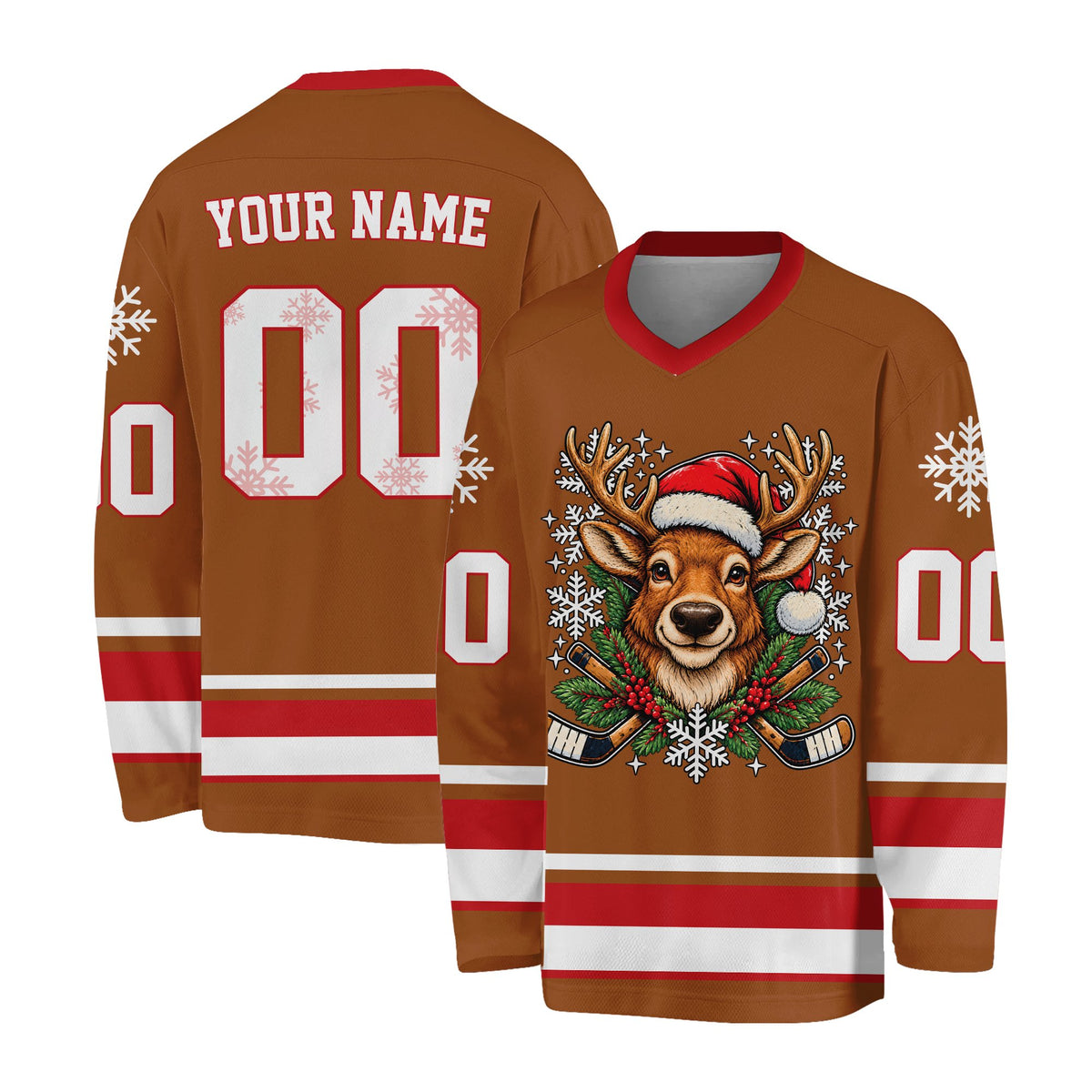 Brown christmas hockey jersey showing custom name and number on the back