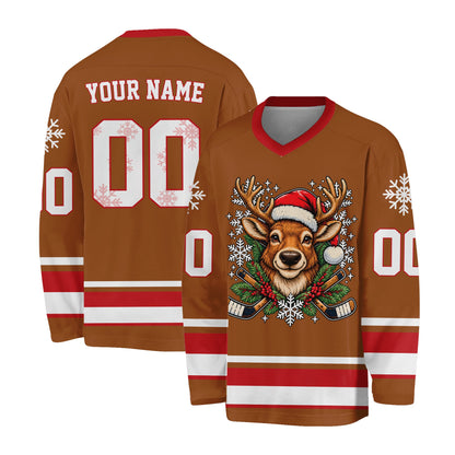Brown christmas hockey jersey showing custom name and number on the back