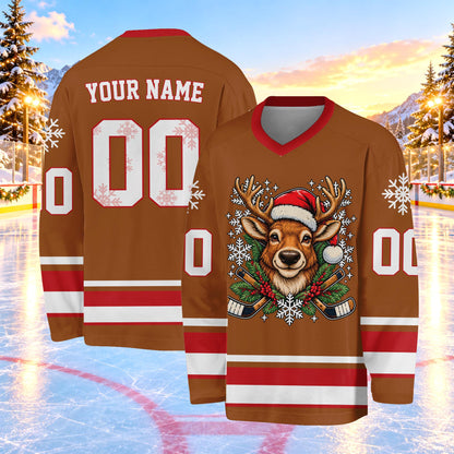 Brown custom hockey jersey with reindeer motif, front view