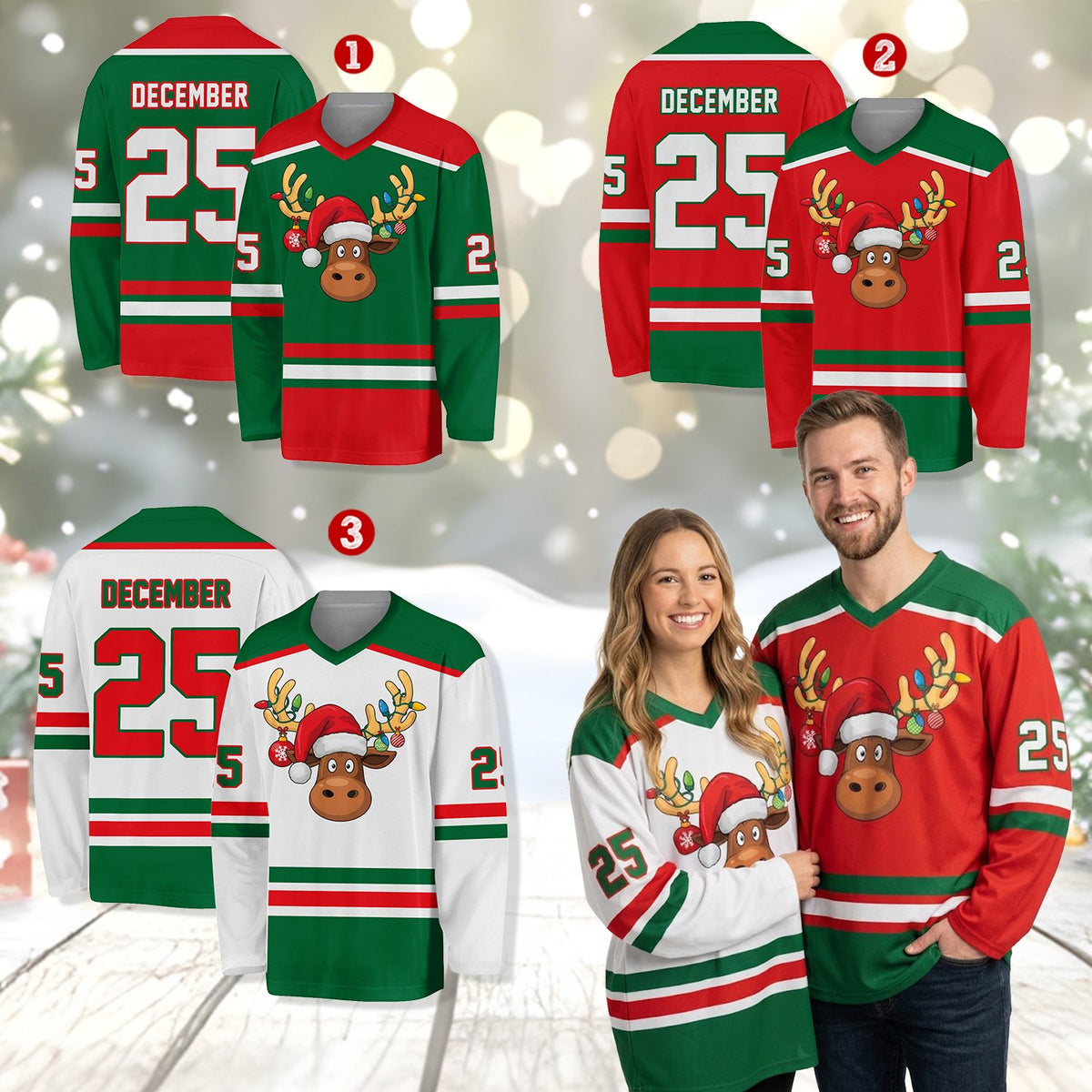 Close-up front view of the custom name and number hockey jersey in holiday colors