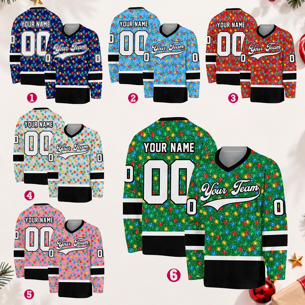 Custom name and number hockey jersey with Christmas lights, front view