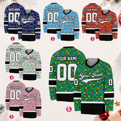 Custom name and number hockey jersey with Christmas lights, front view