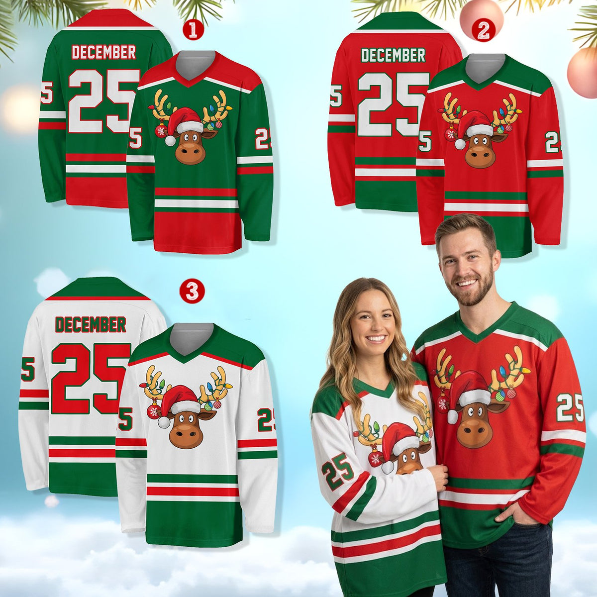 Front view of the custom hockey jersey with festive reindeer and lights design