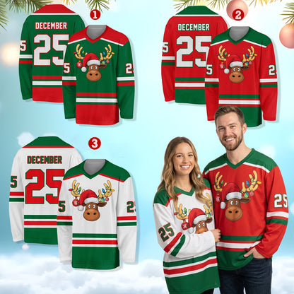 Front view of the custom hockey jersey with festive reindeer and lights design