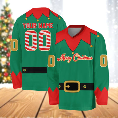 Personalized green christmas elf hockey jersey with custom name and number, back alternate view