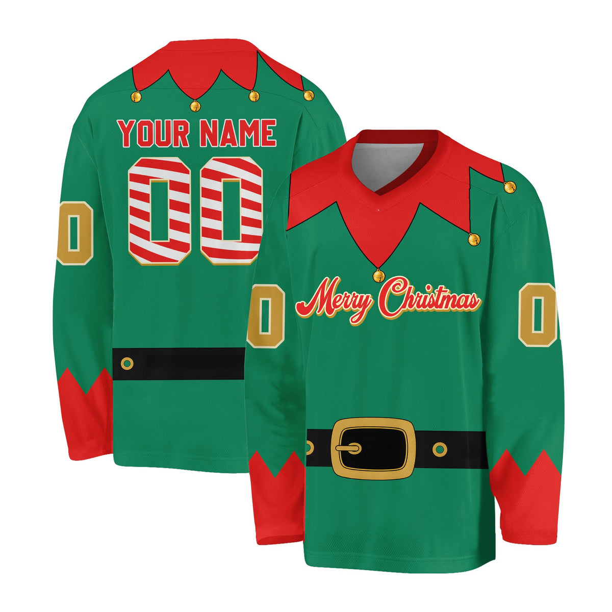 Personalized green christmas elf hockey jersey with custom name and number, back view