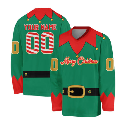 Personalized green christmas elf hockey jersey with custom name and number, back view