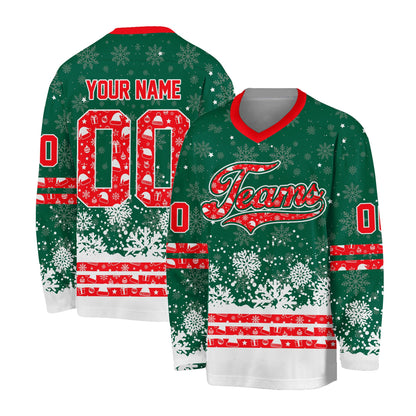 Green christmas hockey jersey featuring snowflakes and holiday motifs, front view