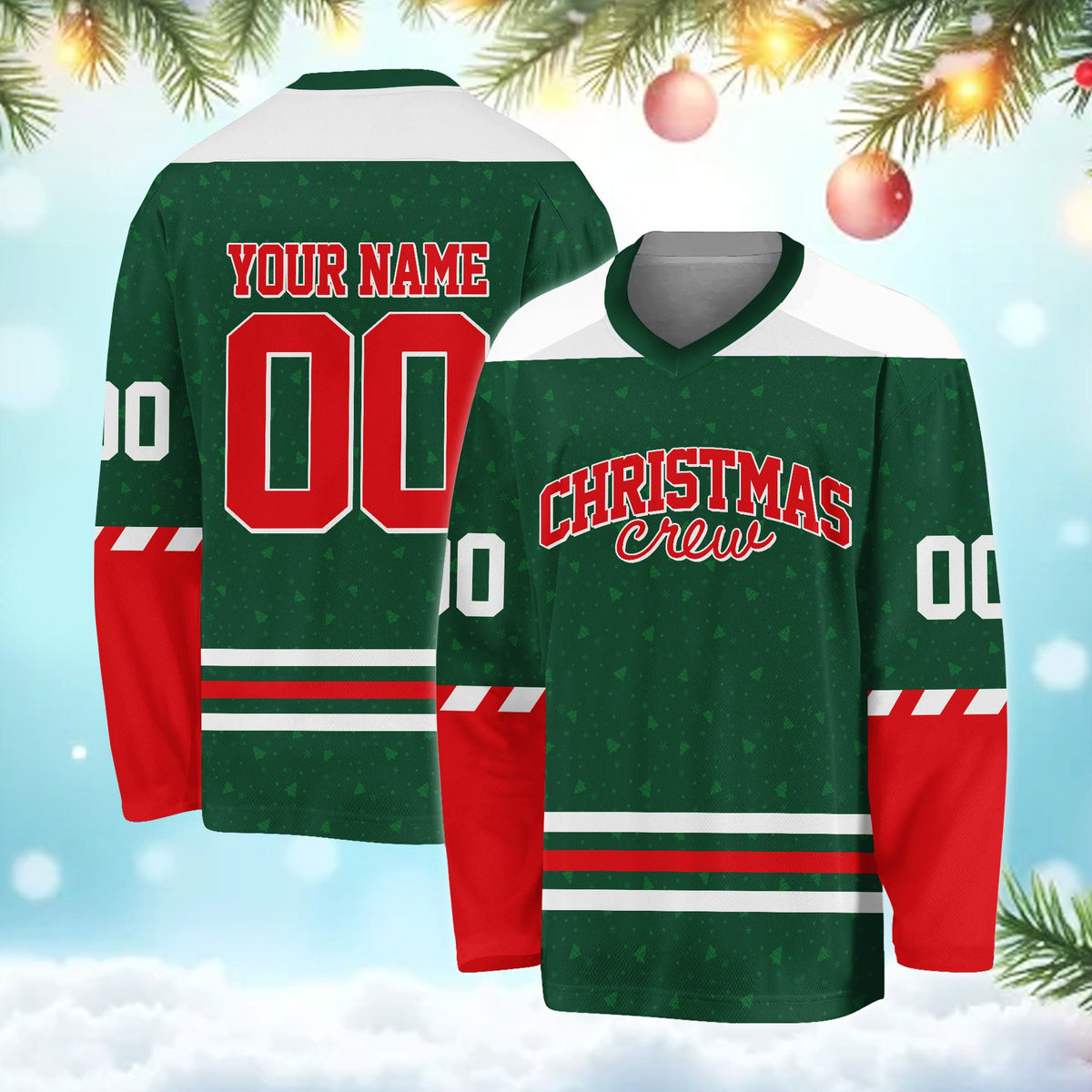 Front of the personalized green christmas hockey jersey