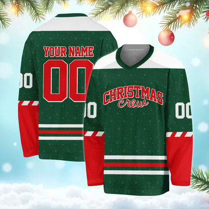 Front of the personalized green christmas hockey jersey