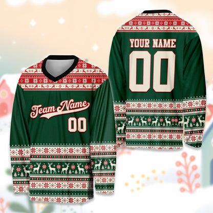 Front view of the green christmas hockey jersey featuring ugly sweater pattern