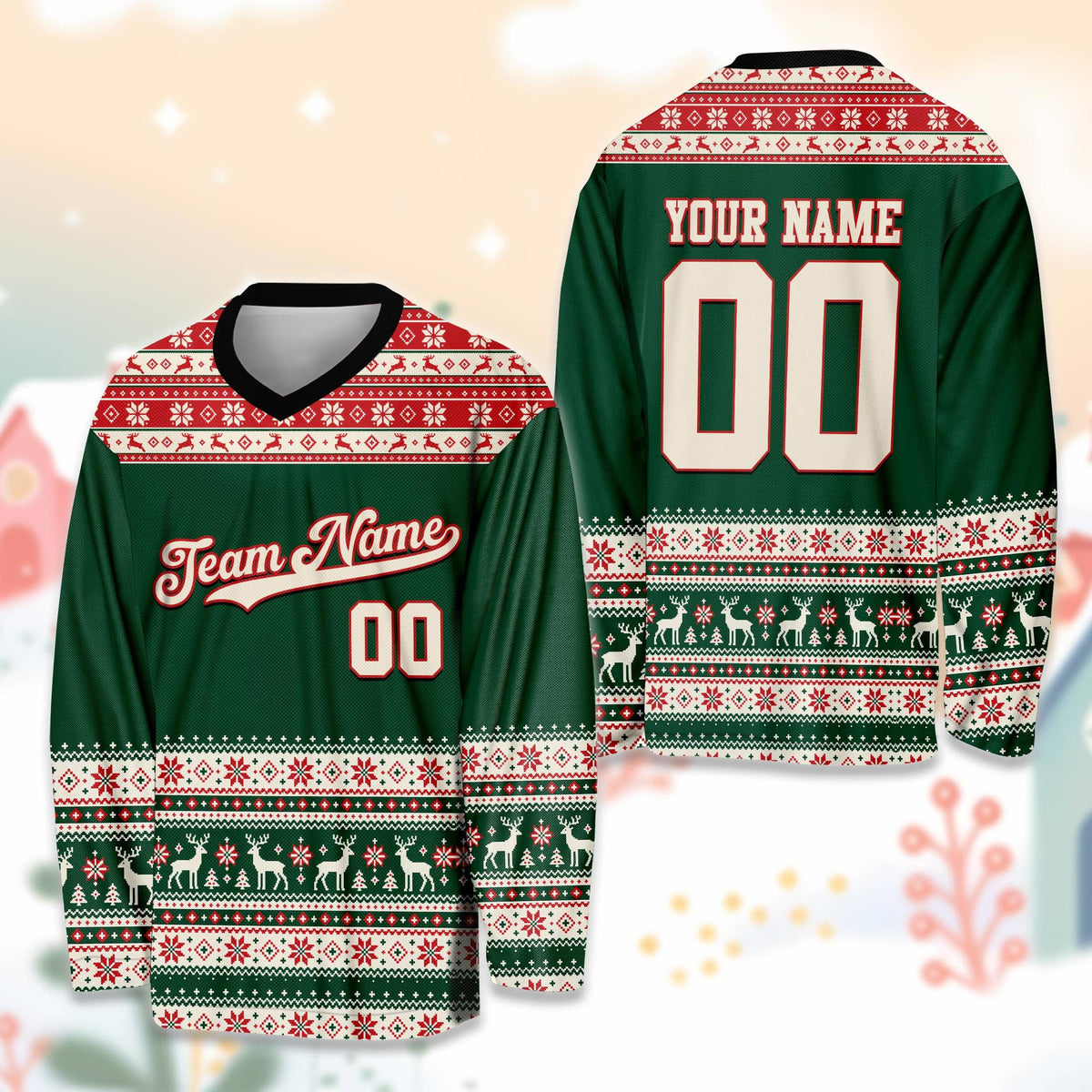 Main view of the green personalized christmas hockey jersey showing custom name and number