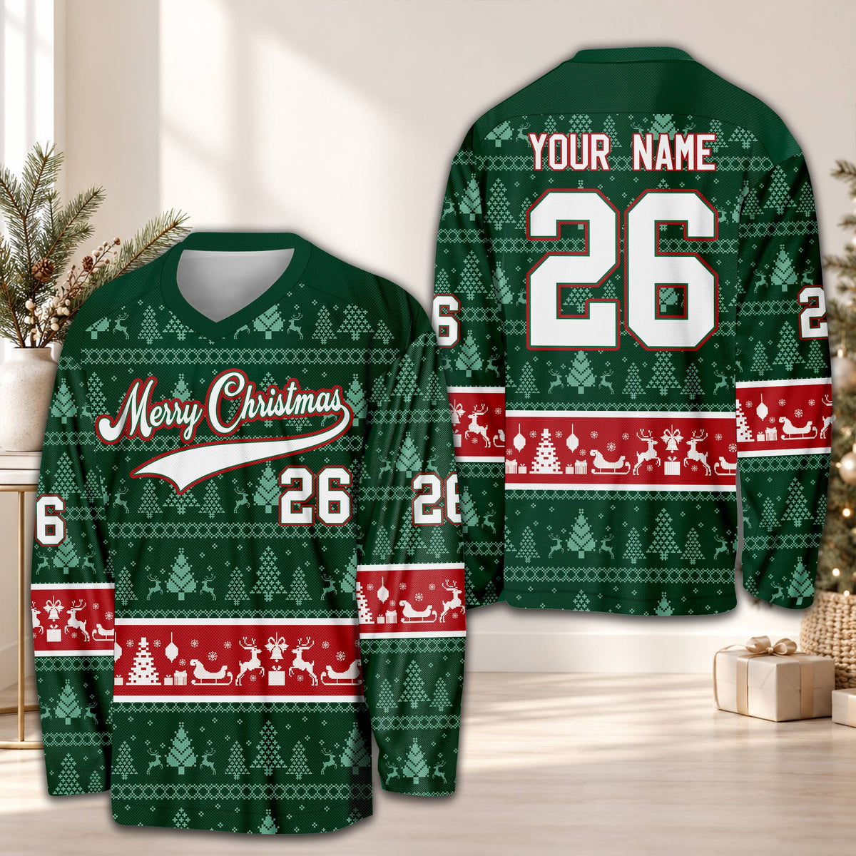 Personalized Christmas hockey jersey in red and green with a custom name and number
