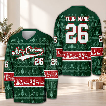 Personalized Christmas hockey jersey in red and green with a custom name and number