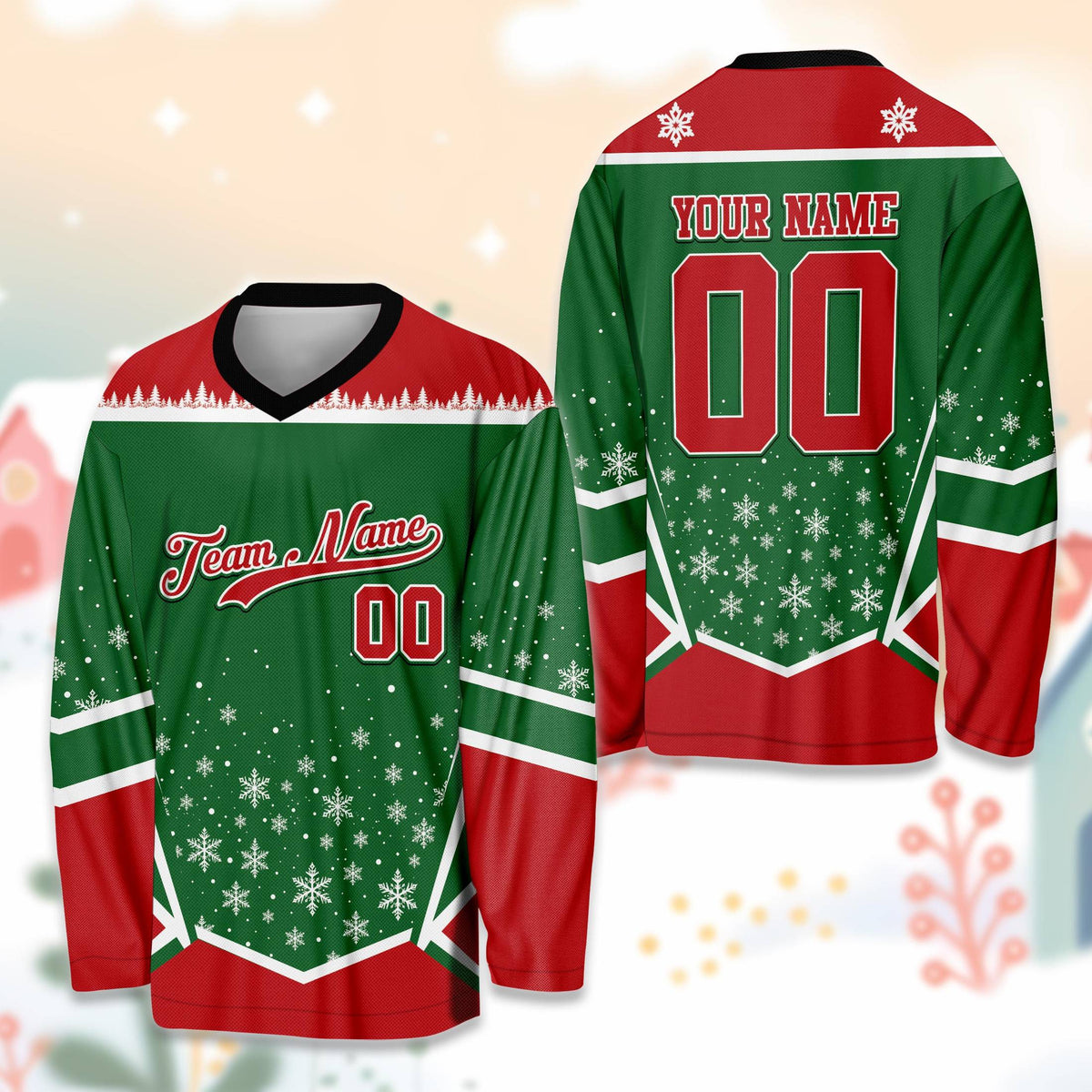 Front view of the personalized green christmas hockey jersey design