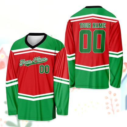 Front view of the custom name and number christmas hockey jersey