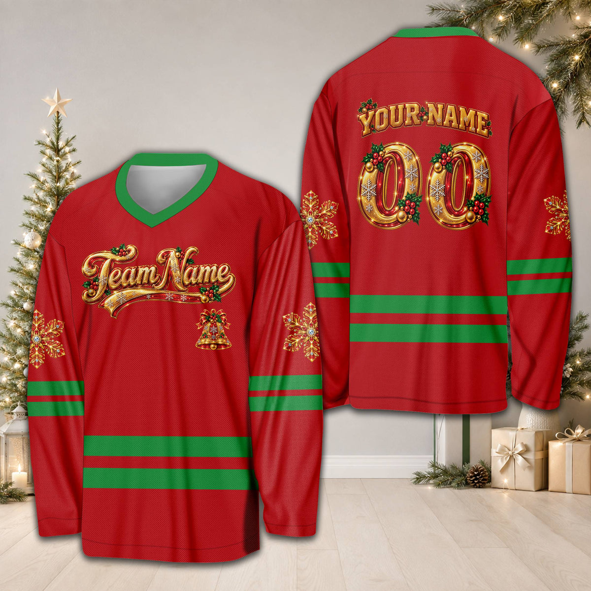 Alternative front view highlighting the gold accents and snowflakes on the holiday hockey jersey