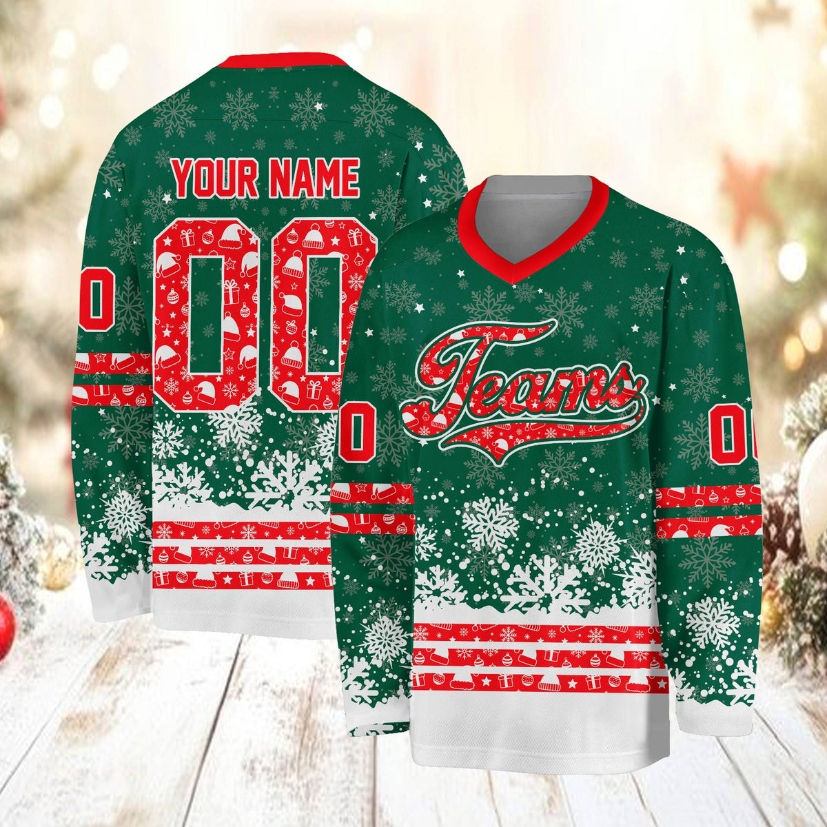 Green christmas hockey jersey with santa hats and stars, front view