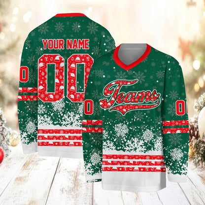 Green christmas hockey jersey with santa hats and stars, front view