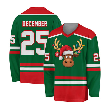Green variation front view of the festive hockey jersey with reindeer graphic