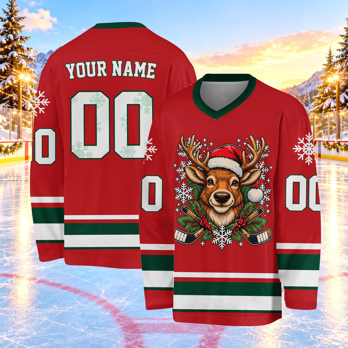 Green custom name and number hockey jersey with snowflakes, front view