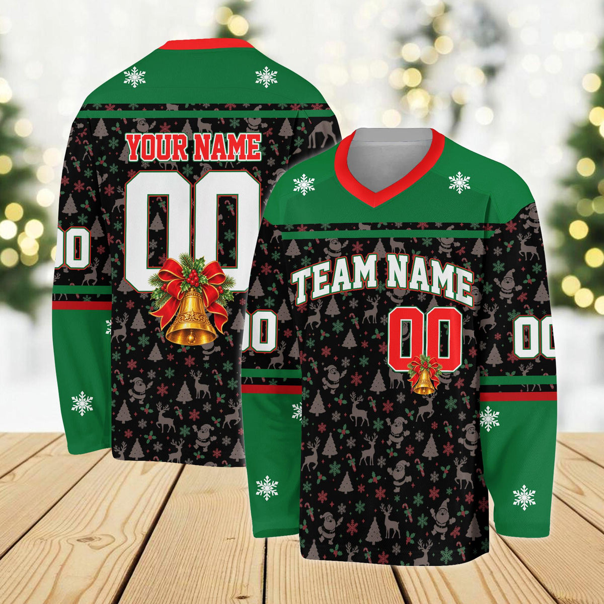 Front view of the green holiday patterned hockey jersey