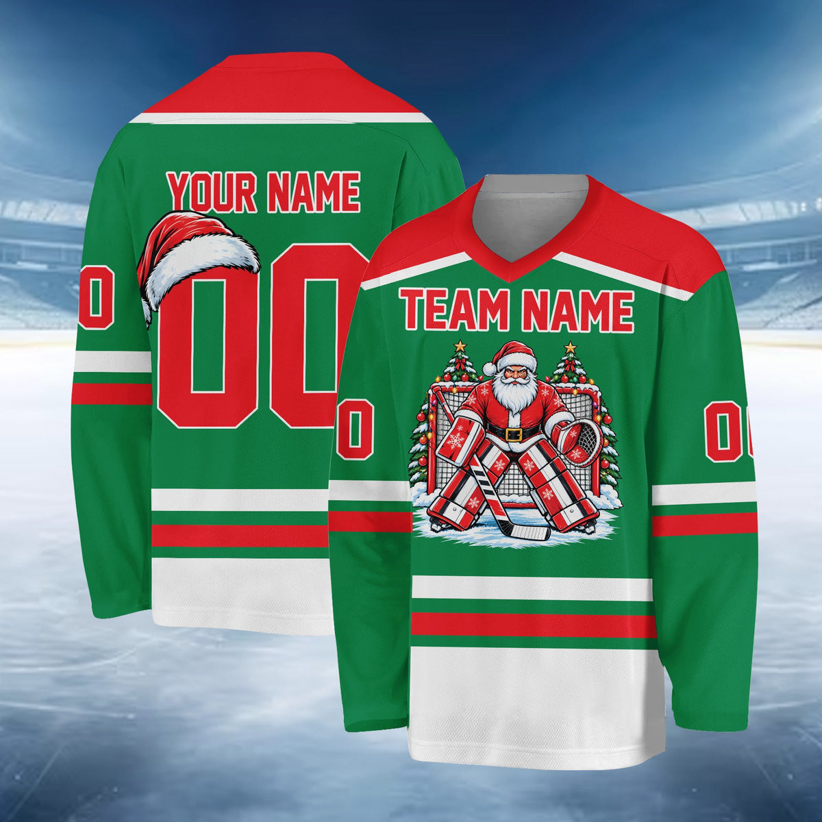 Green personalized hockey jersey with holiday stripes, front view